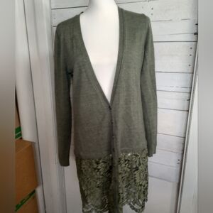 Wrap Women’s US 8 Merino Wool Cardigan Green Lace Hem Longline Sweater.